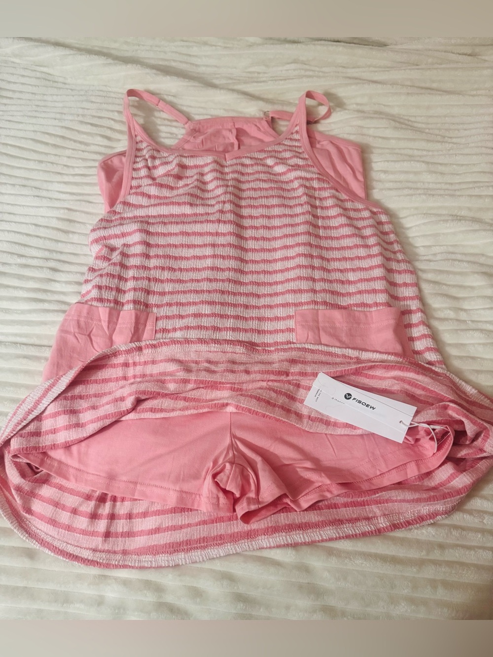 NWT FISOEW Pink Striped Sleeveless Dress Romper w/ Built-In Shorts Pockets
